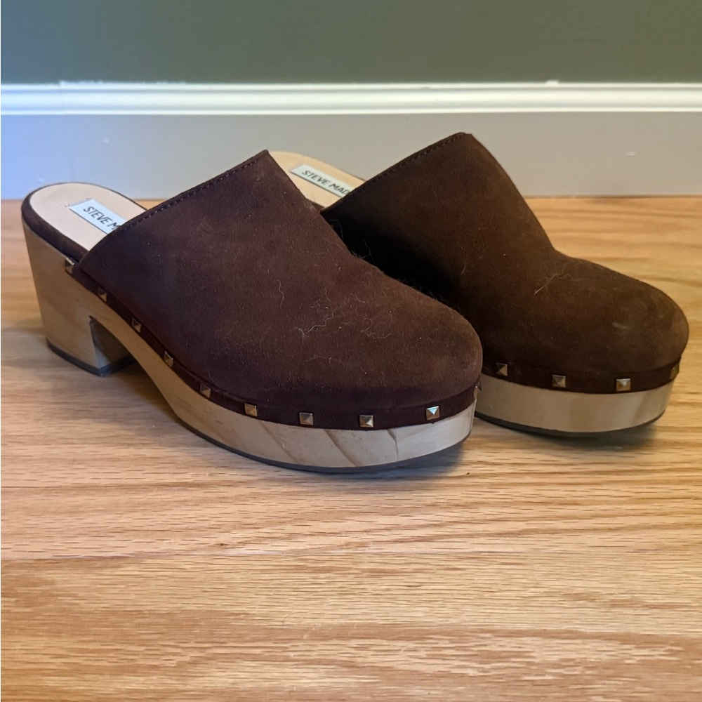 Steve Madden Chocolate Suede Clogs with Studded Trim